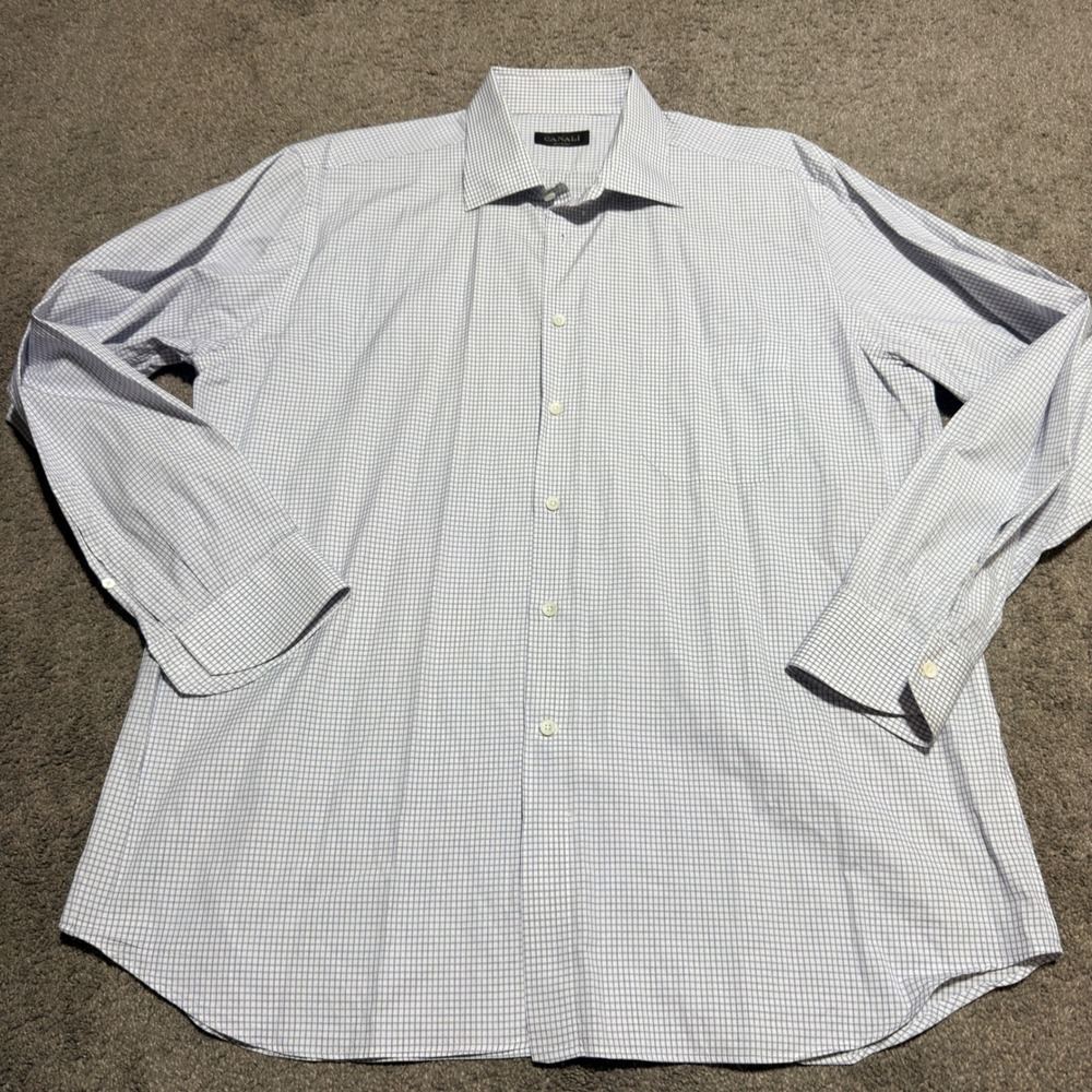 Canali Mens Blue White Micro Check Cotton Dress Shirt Made in Italy Size 18.5 47